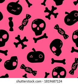 seamless pattern on the theme of Halloween.  Black skulls, bones, candies, pumpkins on a pink background.  Funny halloween pattern
