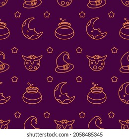 Seamless pattern on the theme of Halloween. contour image of holiday elements: pumpkin, witch, cat, ghost, etc. Seamless pattern. Ideal for printing packaging, postcards, fabrics, websites, templates.