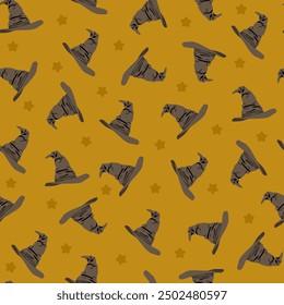 Seamless pattern on the theme of Halloween. Magic sorcerer hats on an orange background. Stars between hats. Can be used for wallpaper, wrapping paper, fabric