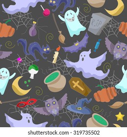 Seamless pattern on the theme of Halloween, color images on a dark background