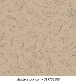Seamless pattern on the theme of Halloween, contour drawings on a beige background