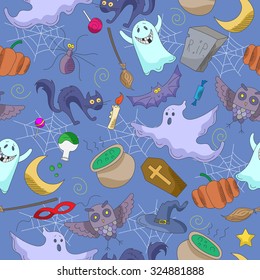 Seamless pattern on the theme of Halloween, color images on a blue background