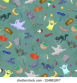 Seamless pattern on the theme of Halloween, color images on a green background