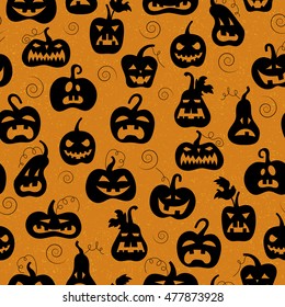 Seamless pattern on the theme of Halloween, different shapes dark pumpkin on orange background