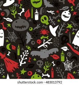 Seamless pattern on the theme of Halloween with pumpkins, ghosts, bats, skulls, bones, eyes, branches, candles and spider web.