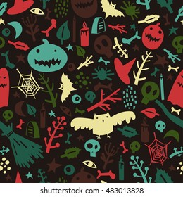 Seamless pattern on the theme of Halloween with pumpkins, ghosts, bats, skulls, bones, eyes, branches, candles and spider web.
