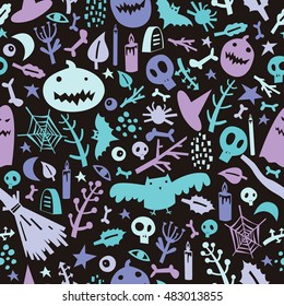 Seamless pattern on the theme of Halloween with pumpkins, ghosts, bats, skulls, bones, eyes, branches, candles and spider web.