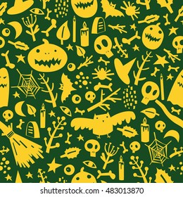 Seamless pattern on the theme of Halloween with pumpkins, ghosts, bats, skulls, bones, eyes, branches, candles and spider web.