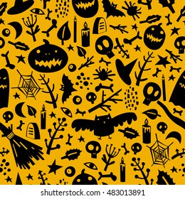 Seamless pattern on the theme of Halloween with pumpkins, ghosts, bats, skulls, bones, eyes, branches, candles and spider web.
