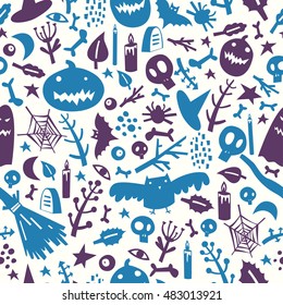 Seamless pattern on the theme of Halloween with pumpkins, ghosts, bats, skulls, bones, eyes, branches, candles and spider web.