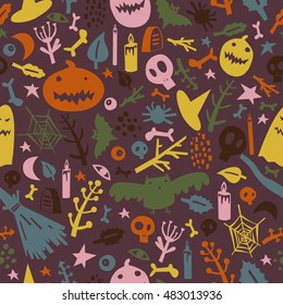 Seamless pattern on the theme of Halloween with pumpkins, ghosts, bats, skulls, bones, eyes, branches, candles and spider web.