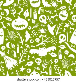 Seamless pattern on the theme of Halloween with pumpkins, ghosts, bats, skulls, bones, eyes, branches, candles and spider web.