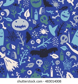 Seamless pattern on the theme of Halloween with pumpkins, ghosts, bats, skulls, bones, eyes, branches, candles and spider web.