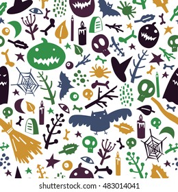 Seamless pattern on the theme of Halloween with pumpkins, ghosts, bats, skulls, bones, eyes, branches, candles and spider web.