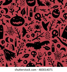 Seamless pattern on the theme of Halloween with pumpkins, ghosts, bats, skulls, bones, eyes, branches, candles and spider web.