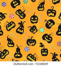 Seamless pattern on the theme of Halloween, pumpkins with faces and sweets on a orange background
