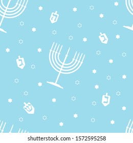 
Seamless pattern on the theme of Hanukkah. The illustration contains Jewish holiday symbols such as Dreidle, Menorah. Vector illustration on the theme of Hanukkah.