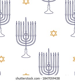 Seamless pattern on the theme of Hanukkah on December 10-18. Decorated with The Hanukkah menorah and Star of David. 