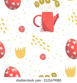 Patrón sin foco sobre el tema de la Pascua feliz con una lata de agua de jardín, una tetera con un ramo de flores abstractas, flores abstractas y un huevo rojo decorativo, adecuado para el diseño de ropa, Pascua 