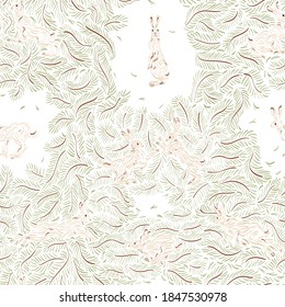 Seamless pattern on the theme of hares in the forest. Delicate color combinations can be used in the design of weddings, interior solutions