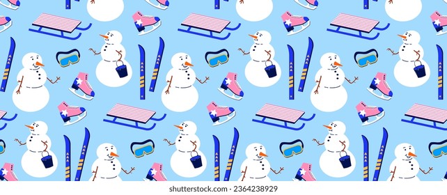 Seamless pattern on the theme of health cures. Vector background with snowman, sleigh and skis. Winter sports holiday.