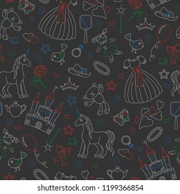 Seamless pattern on the theme of Hobbies baby girls, simple contour icons, contours are drawn with colored chalks on the dark school Board