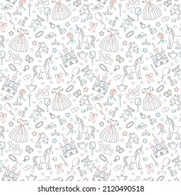Seamless pattern on the theme of Hobbies baby girls, simple contour icons, contours are drawn with colored markers on white background
