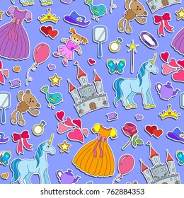 Seamless pattern on the theme of Hobbies baby girls and toys ,stickers icons on a purple  background