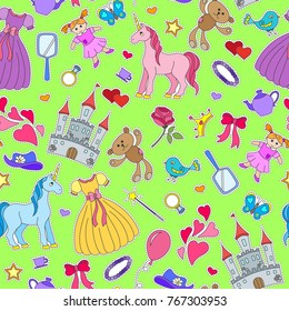 Seamless pattern on the theme of Hobbies baby girls and toys ,patch icons on green background