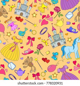 Seamless pattern on the theme of Hobbies baby girls, and toys icons on yellow background