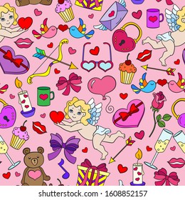 Seamless pattern on the theme of the holiday Valentine's Day, bright cartoon icons on a pink background