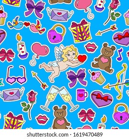 Seamless pattern on the theme of the holiday Valentine's Day, bright cartoon patch icons on a blue background