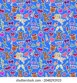 Seamless pattern on the theme of the holiday Valentine's Day, bright cartoon patch icons on a blue background