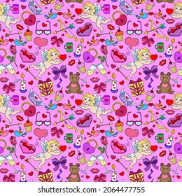 Seamless pattern on the theme of the holiday Valentine's Day, bright cartoon icons on a pink background