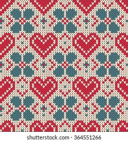 Seamless pattern on the theme of holiday Valentine's Day with an image of the Norwegian and fairisle patterns. Heart, turquoise flower on a white background. Wool knitted texture. Vector Illustration