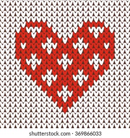 Seamless pattern on the theme of holiday Valentine's Day with an image of the Norwegian and fairisle patterns. Red hearts on a white background. Wool knitted texture. Vector Illustration