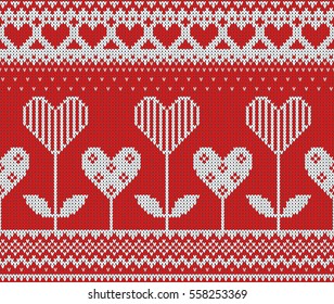Seamless pattern on the theme of holiday Valentine's Day with an image of the Norwegian and fairisle patterns. Hearts-flowers on a red background. Wool knitted texture. Vector Illustration