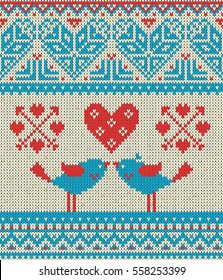 Seamless pattern on theme of holiday Valentine's Day with an image of the Norwegian and fairisle patterns. Heart, birds in kiss, arrows on light background. Wool knitted texture. Vector Illustration