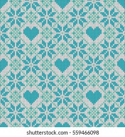 Seamless pattern on the theme of holiday Valentine's Day with an image of the Norwegian and fairisle patterns. Turquoise hearts on a white background. Wool knitted texture. Vector Illustration.