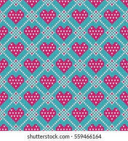 Seamless pattern on the theme of holiday Valentine's Day with an image of the Norwegian and fairisle patterns. Pink hearts on a white background. Wool knitted texture. Vector Illustration.
