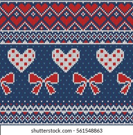 Seamless pattern on the theme of holiday Valentine's Day with an image of the Norwegian and fairisle patterns. Red, white bows and hearts on blue background. Wool knitted texture. Vector Illustration
