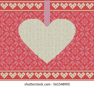 Seamless pattern on the theme of holiday Valentine's Day with an image of the Norwegian and fairisle patterns. Heart hang on bow on a red background. Wool knitted texture. Vector Illustration.