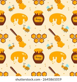 seamless pattern on the theme of honey and beekeeping. Background for sewing clothes or printing on fabric. Honeycombs.