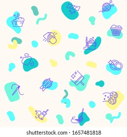 Seamless pattern on the theme of housework, clean, house keeping, scrubbing, squeegee, bucket, laundry and more. simple color icons on beige background.
