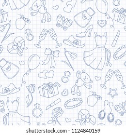 Seamless pattern on the theme of international women's day March 8, a simple outline icon on the topic of women, blue  contour  icons on the clean writing-book sheet in a cage