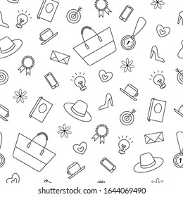 Seamless pattern on the theme of international women's day. Outline icon on the topic of working women, black contour on white background