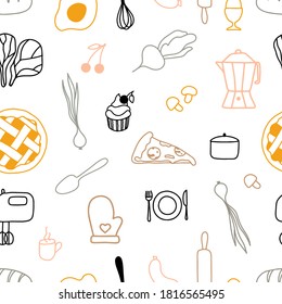 Seamless pattern on the theme of International chef’s day on October 20. The set consists of various kitchen utensils and foods such as cake, slice of pizza, vegetables, bread, coffee, pot, plate and 