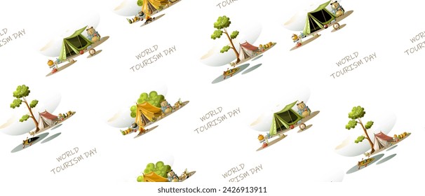 Seamless pattern on the theme of International Tourism Day. Freehand drawing. Isolate on a white background. Vector