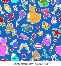 Seamless pattern on the theme of international women's day on 8 March, simple icons patches on the topic of women on a blue background