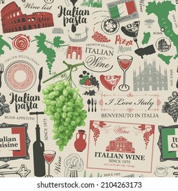 Seamless pattern on the theme of Italy and Italian cuisine in the colors of the Italian flag in retro style. Repeating vector background. Suitable for wallpaper, wrapping paper or fabric design